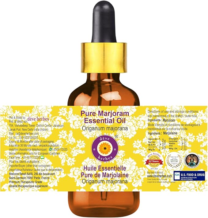 Deve Herbes Pure Marjoram Essential Oil (Origanum majorana) with Glass Dropper Steam Distilled 10ml (0.33 oz)