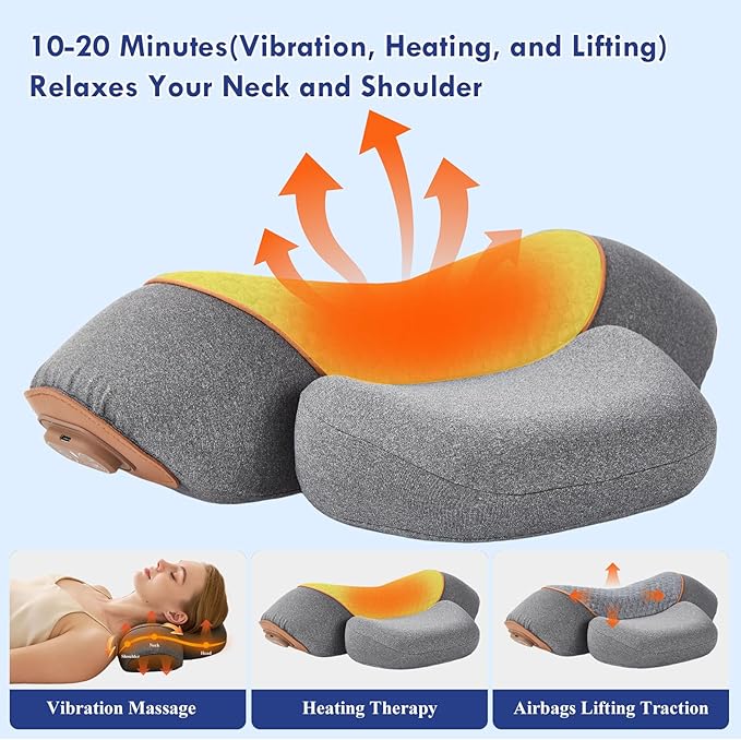 3 in 1 Heated Neck Massage Pillows with Heat for Pain Relief Deep Tissue, Rechargeable Cervical Neck Hump Corrector, Wireless Pillow Supports (No Washable Cover)