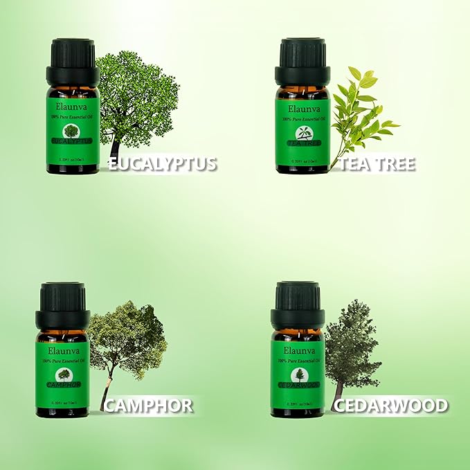 Essential Oils Set,100% Pure Natural,4 Scents(Eucalyptus/Tea Tree/Cedarwood/Camphor),for Aromatherapy and Home Fragrance,Aroma Therapy Oil,Gift for Friends/Family (0.33Fl Oz*4, Tree Set)