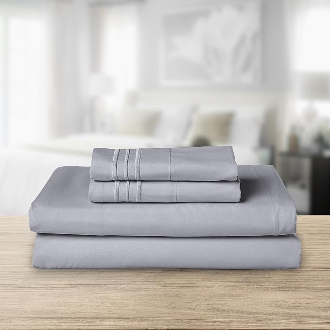 Elegant Comfort Luxurious 1500 Premium Hotel Quality Microfiber Three Line Embroidered Softest 4-Piece Bed Sheet Set, Wrinkle and Fade Resistant, King, Silver-Light Grey