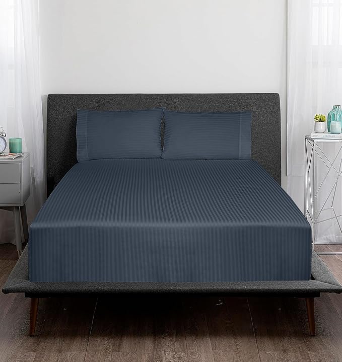 ROYALE LINENS 300 Thread Count 100% Long Staple Combed Cotton Printed Sheet Set - 3 Piece Twin Bed Sheets - 1 Fitted, 1 Flat & Pillow case -Soft Cool & Crisp Sheet Set (Twin, Stripe Navy)