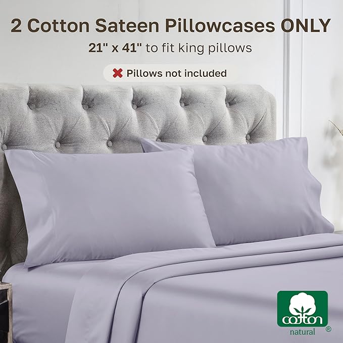 California Design Den King Size Pillow Cases Set of 2-1000 Thread Count, Soft and Smooth Sateen Weave, 100% Cotton Pillow Cover, Thick and Durable - Lavender Grey