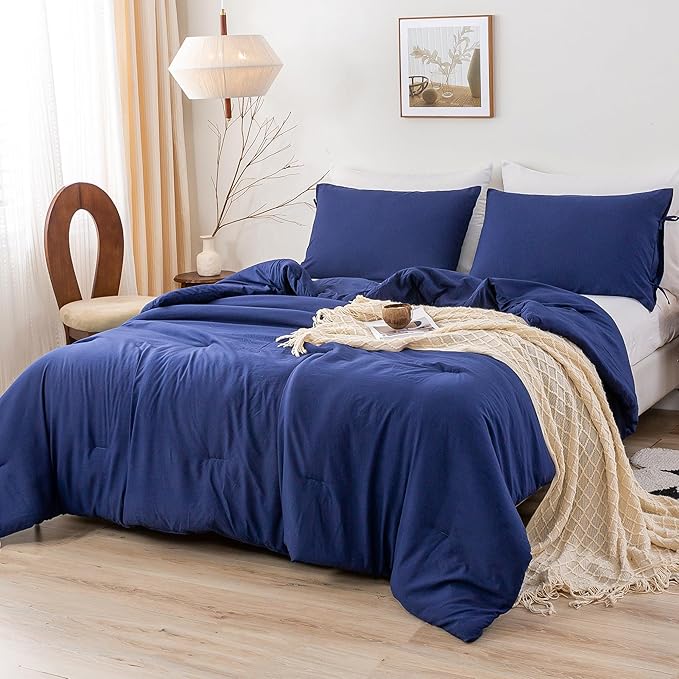 Ultra-Soft Bedding King Size Comforter Set - Cozy Washed PolyCotton Fabric - Lightweight but Warm All Season Use - Comfortable Bed Down Alternative Blanket Comforter with Pillowcase,Navy Blue