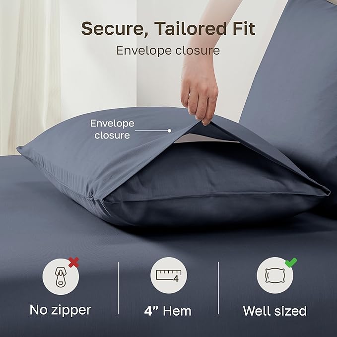 California Design Den 100% Egyptian Cotton Pillow Cases Standard/Queen Set of 2 - Crisp Percale Feel, Soft & Breathable Pillowcases Cotton - Mineral Blue (Grey Tone)