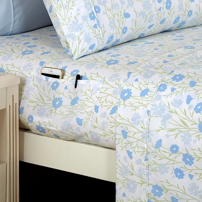 Elegant Comfort Softest and Coziest 6-Piece Sheet Set - 1500 Premium Hotel Quality Microfiber - Deep Pocket, Wrinkle Resistant 6-Piece Floral Bed Sheet Set, Full, Laurel Blue