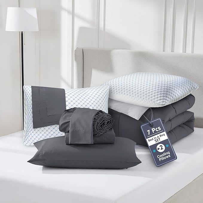 Nestl 7 Piece Twin Comforter Set – Dark Grey Reversible Bed in a Bag – Complete Twin Size Bedding Set with Sheets, Set of 2 Cooling Pillows, Pillowcase and Sham