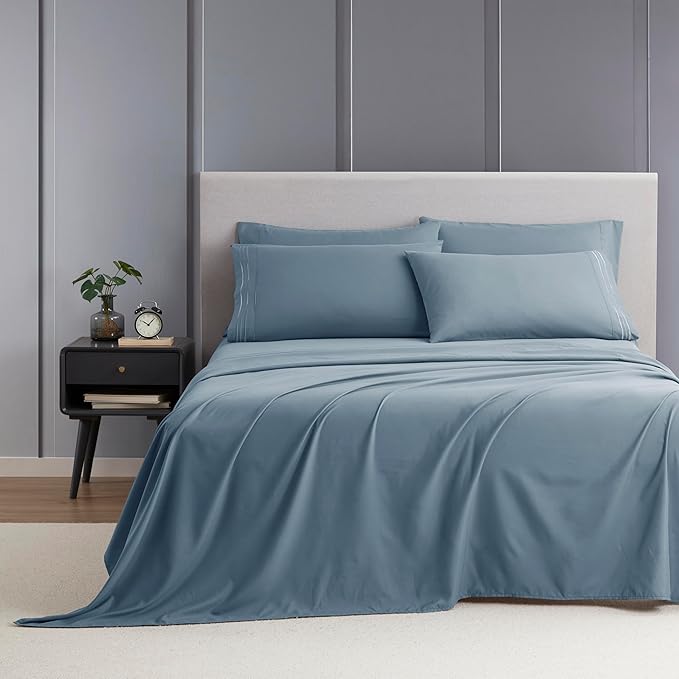 Clara Clark Queen Sheets - Hotel Luxury 6 Piece Bed Sheets for Queen Size Bed - Soft Bedding Sheets & Pillowcases, Fits Mattress up to 16 inch deep. Queen, Stone Blue