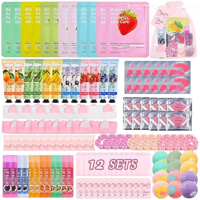 KYDA 132PCS SPA Party Supplies for Women, Include Face Masks, Hand Cream, Lip Balm, Under Eye Patches, Lip Mask, Foot Bath Bomb, Hair Tie and Hair Band, Spa Birthday Sleepover Party Supplies for Girl