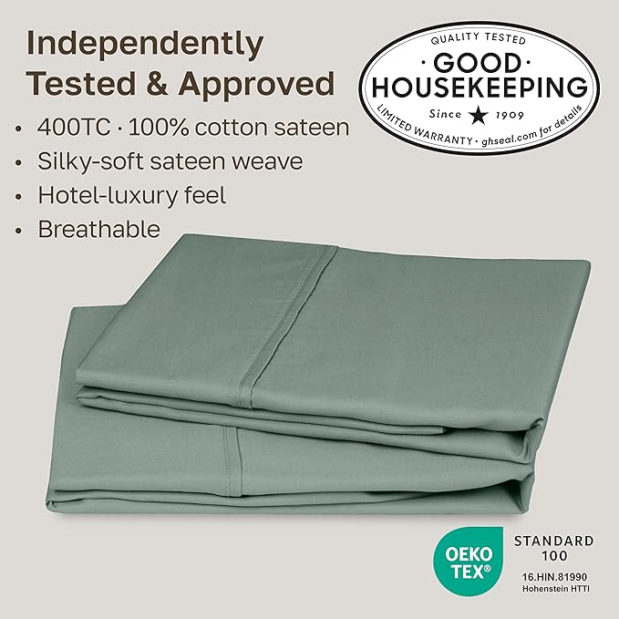 California Design Den King Size Pillowcase Set - 400 Thread Count, 100% Cotton Sateen, Set of 2 Pillow Covers, Soft and Breathable - Sage Green