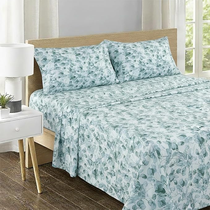 Feather & Stitch Printed 500 TC Full Size 4pc Damask Bed Sheet Set, 100% Soft Cotton Breathable Bedsheets, 18" Deep Pockets Sateen Weave Striped Bedding Mattress Resort Hotel Luxury Decor - Green Leaf