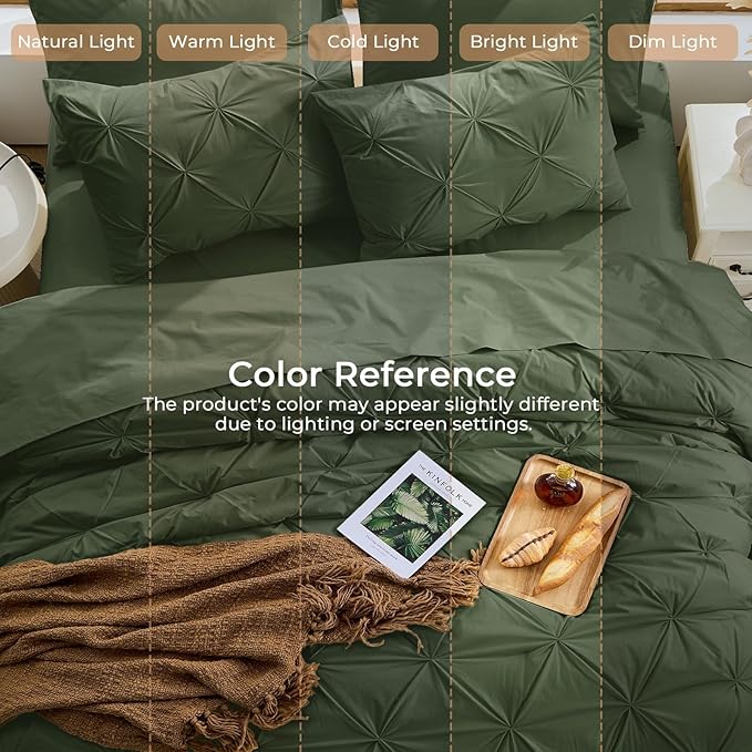 Sasttie Full Size Comforter Set, 7-Piece Bed in a Bag, Pintuck Bedding Set for All Season, Includes Comforter, Flat Sheet, Fitted Sheet, Pillowcases and Pillowshams, Dark Green