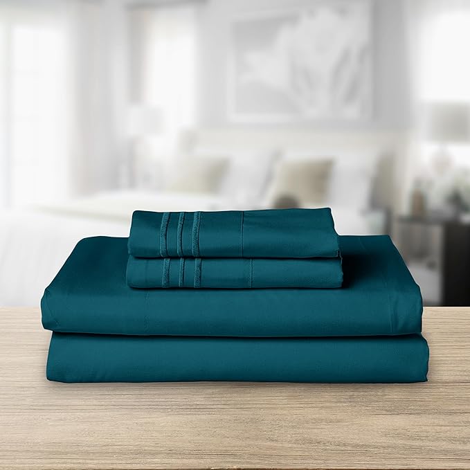 Elegant Comfort Luxurious 1500 Premium Hotel Quality Microfiber Three Line Embroidered Softest 4-Piece Bed Sheet Set, Wrinkle and Fade Resistant, Full, Marine Teal