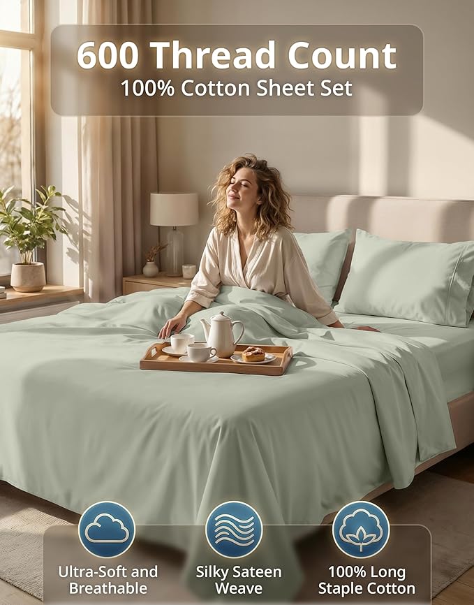 LANE LINEN 100% Cotton Cal King Bed Sheets - 600 Thread Count Premium Sateen Weave for Smooth & Gentle Feel On Skin - Hotel Like Thick Bedding & Sheets - Oeko Tex Certified - Mineral