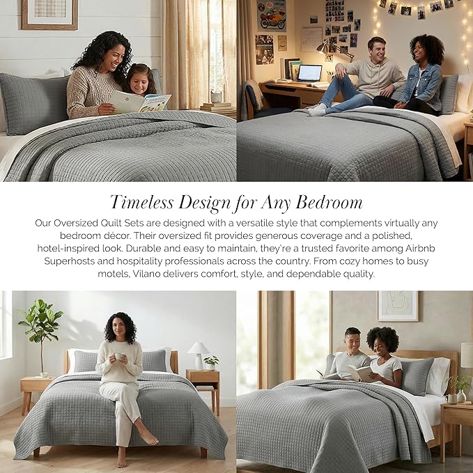 Southshore Fine Living, Inc. Twin XL Quilt Set, Dorm Room Bedding Essentials, Hotel Quilt, Soft Bedspread Twin XL Grey Quilt Bed Spread with Pillow Sham, Vacation Rental Quilt, Steel Grey Quilts