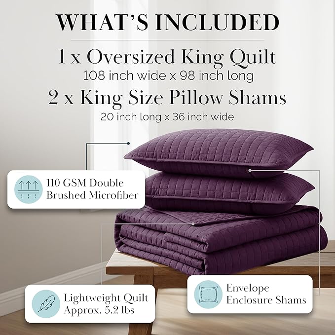 Southshore Fine Living, Inc. Oversize King Quilt Bedding Set, Soft Brushed Microfiber, Stain and Pet Hair Resistant Bedding, California King Size Quilt Coverlet Bedspread Set w/2 Shams, Purple Quilts