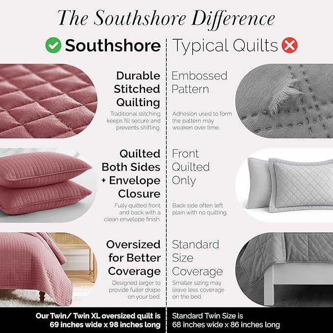 Southshore Fine Living, Inc. Twin XL Quilt Set with Pillow Sham, Quilted Twin Bedspread, Coverlet, Oversized Bed Quilt for Full Coverage, Soft and Comfy, Easy Care, Machine Washable, Marsala