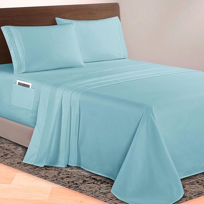 Elegant Comfort Luxurious 1500 Premium Hotel Quality Microfiber 4-Piece Sheet Set, 18-24 Inches Deep - Extra Deep Pocket Sheets - Ultra Soft 4PC Deep Pocket Sheets, California King, Aqua Blue