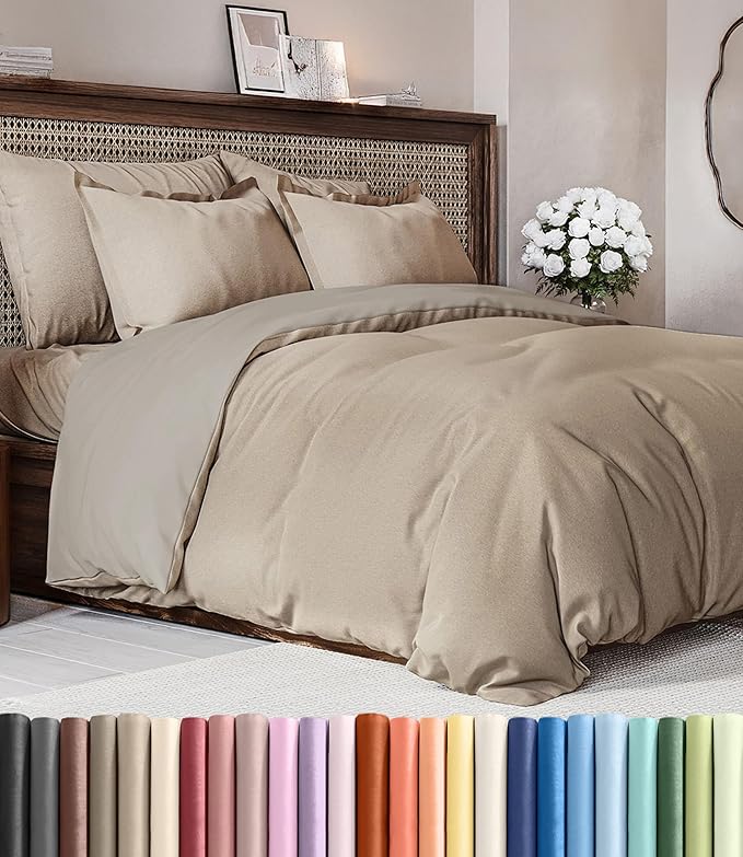 Duvet Cover Full Size Set - Extra Soft Full Duvet Cover 80" x 90" with 2 Pillow Shams - Hotel Luxury, Easy Care & Fade Free with Zipper Closures and Ties - Comfy, Cozy & Breathable (Heathered Beige)