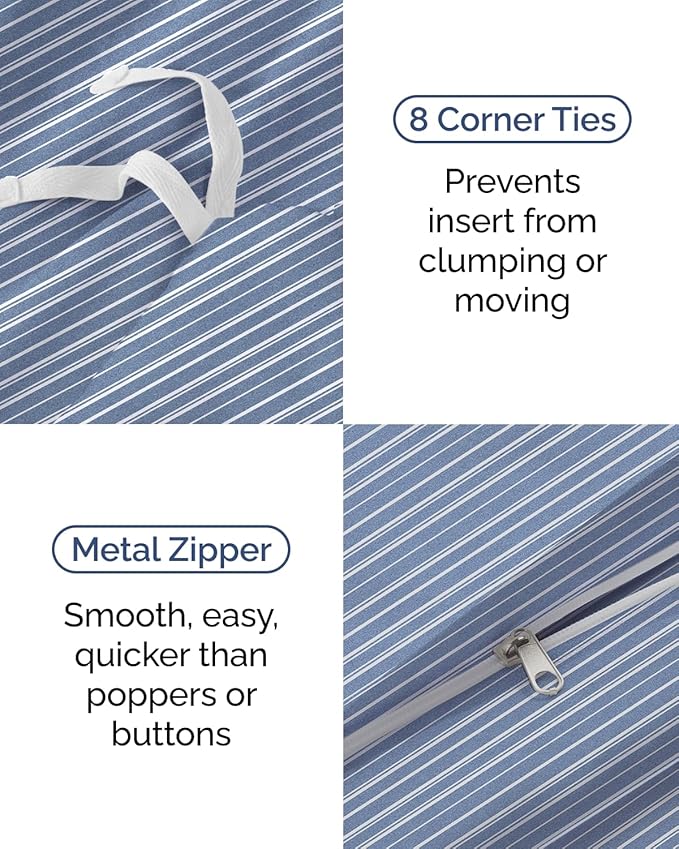 Duvet Cover Twin/Twin XL Size Set - Extra Soft Twin/Twin XL Duvet Cover 68" x 90" with 1 Pillow Sham - Hotel Luxury, Easy Care, Fade Free w/ Zipper Closures & Ties - Comfy & Breathable (Blue Stripes)