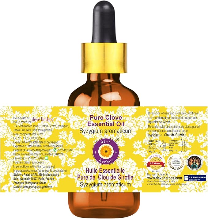 Deve Herbes Pure Clove Essential Oil (Syzygium aromaticum) Steam Distilled (Pack of Three) 100ml X 3 (10 oz)