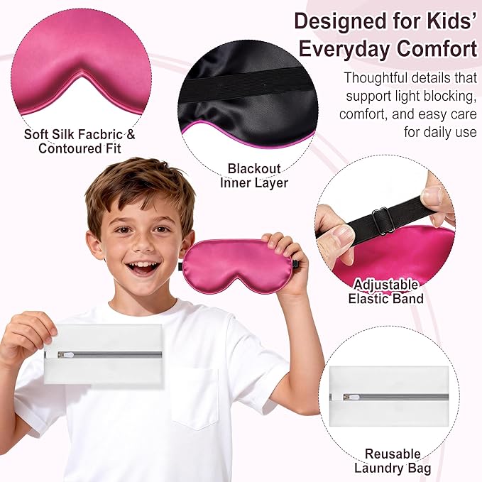 Kids Sleep Mask, Kids Eye Mask for Boys Girls, Kid Silk Eye Masks with Adjustable Strap for Sleeping, 100% Light-Blocking Sleep Eye Cover, Includes Protective Laundry Bag (Rose red)