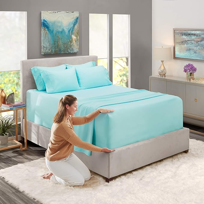 Hearth & Harbor Extra Deep Pocket Sheets - Fits Mattress 18-24 Inches Deep - Extra Deep Pocket Split King Size Sets - 7 Piece Split King Size - Aqua Blue