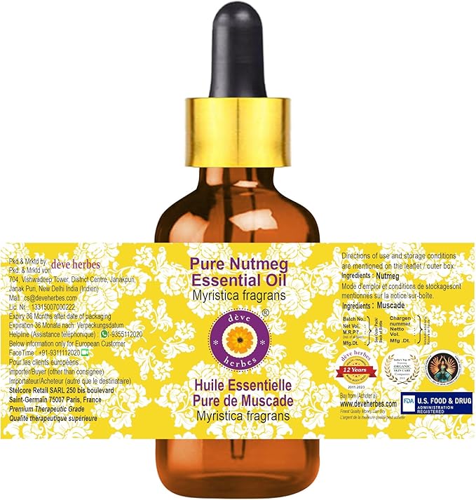 Deve Herbes Pure Nutmeg Essential Oil (Myristica fragrans) with Glass Dropper Steam Distilled 10ml (0.33 oz)