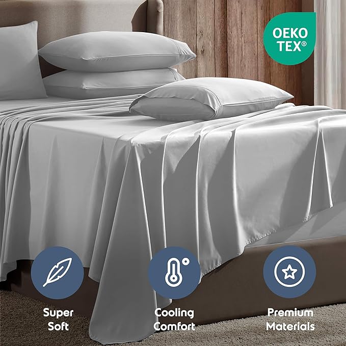 Nestl Extra Deep Cal King Sheet Set - 6 Piece Breathable & Cooling Sheets - Hotel Luxury Bedding Set w/18-24 Inch Deep Pockets - Easy & Secure Fit - Super Soft, Wrinkle Free & Comfy - Light Gray