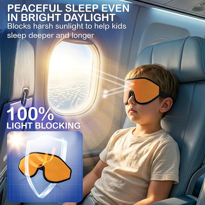 3D Sleep Mask for Kids, Light Block Sleeping Blindfold Memory Foam Contoured Eye Mask for Sleep, Adjustable Strap Eye Cover and Travel Sleep Mask for Boys Girls, Orange