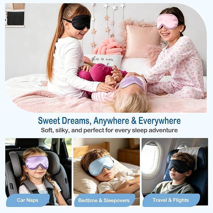 Kids Sleep Mask Eye Cover, Silk Sleeping Mask for Kids, Soft Blackout Blindfold Eye Mask with Adjustable Strap & Laundry Bag for Easy Washing, Gift for Girls Boys Ages 5-15 (Blue)