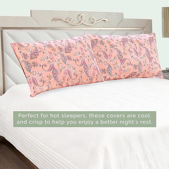 Elegant Comfort Ultra Soft Set of 2 Floral Print Pillowcases - 1500 Premium Hotel Quality Microfiber, Soft and Smooth Envelope Closure 2-Piece Pillow Covers - King, Paisley Coral