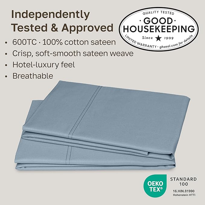 Luxuriously Soft Premium 600 Thread Count, 100% Cotton Set of 2 Cases, Crisp Standard Pillow Cases Set of 2 Fits Standard & Queen Pillows (Pastel Blue)