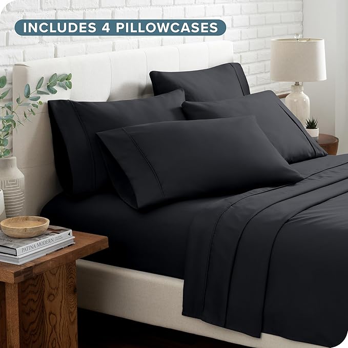 Bare Home Hotel Luxury Split Head Flex King Sheet Set, Extra Soft, Deep Pockets, Easy Fit, Cooling & Breathable, Wrinkle, Fade, Stain Resistant, with 4 Pillowcases (Split Head Flex King, Black)