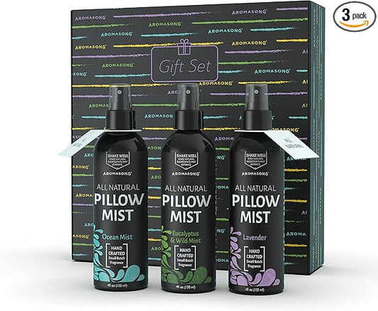 Aromasong All Natural Pillow Spray - Mothers Day Gift Set - Pack of Lavender, Ocean Mist, and Eucalyptus Included - Calming Linen & Bedtime Natural Essential Oil Mist Spray for Sleeping