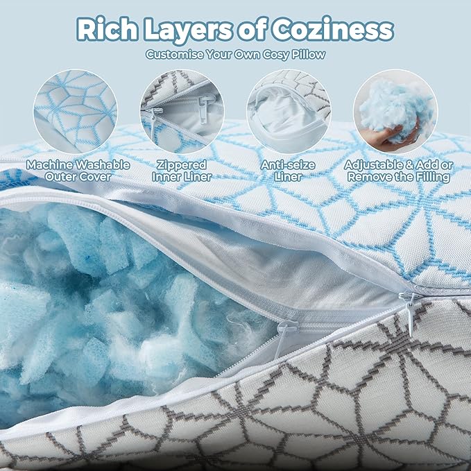 WOLKI Cooling Standard Pillows Set of 2 Memory Foam Pillows, Twin/Full Size 2 Pack Adjustable Shredded Memory Foam for Side Sleepers, Back, Stomach, Hot Sleepers (20x26)