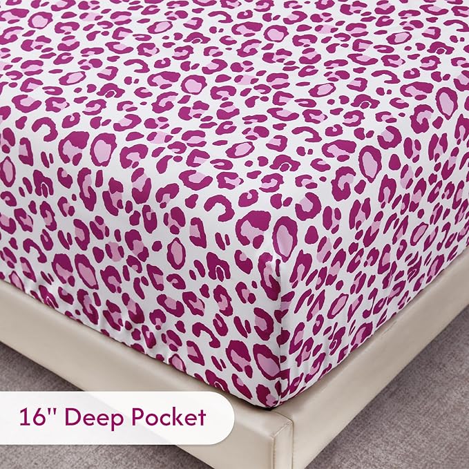 Twin Sheets Set, Leopard 3-Piece Brushed Microfiber Sheets, Cooling Bed Sheet Set, Soft & Breathable, 16' Deep Pocket Fitted Sheet & Pillowcase Set, Pink Leopard
