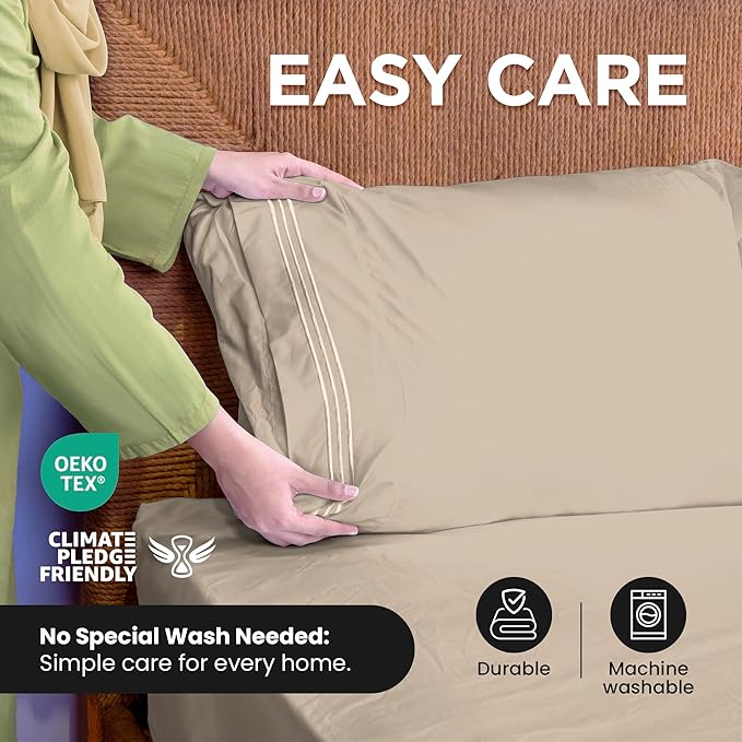 ROYALE LINENS 3 Piece Twin XL Sheets Set - Soft Brushed 1800 Microfiber Bedding - 1 Fitted and 1 Flat Sheet, 1 Pillow case - Wrinkle Free & Fade Resistant - Hotel Luxury Bed Sheets (Sand, Twin XL)