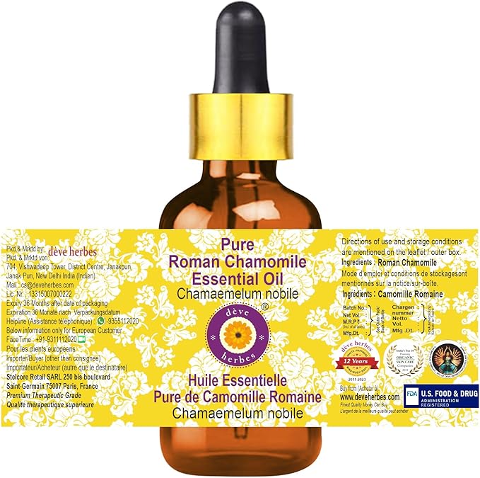Deve Herbes Pure Roman Chamomile Essential Oil (Chamaemelum nobile) with Glass Dropper Natural Therapeutic Grade Steam Distilled 5ml (0.16 oz)