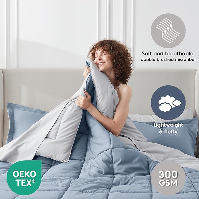 Nestl 9 Piece Full Comforter Set – Stone Blue Reversible Bed in a Bag – Complete Full Size Bedding Set with Sheets, Set of 2 Down Alternative Pillows, Pillowcases and Shams