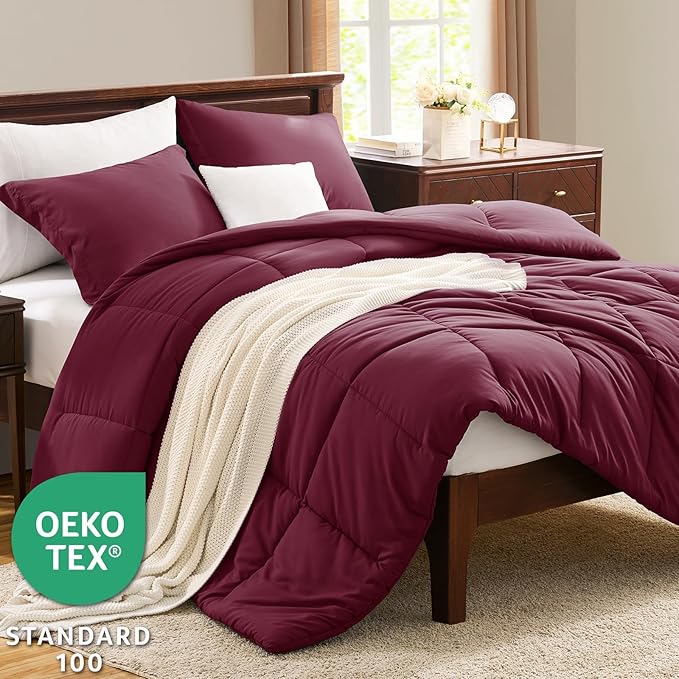 CozyLux Full Size Comforter Sets - Burgundy Comforter Full Size, 3 Pieces Box Stitched Bed Set for All Seasons, Soft Lightweight Bedding Sets with 1 Down Alternative Comforter and 2 Pillow Shams
