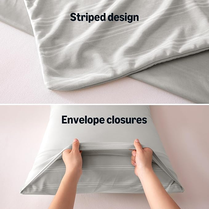 Amazon Basics Stripe Cooling Pillow Cases for Hot Sleepers, Soft Cooling Pillow Covers with Envelope Closure, 20" x 26", Standard, Gray, Pack of 2