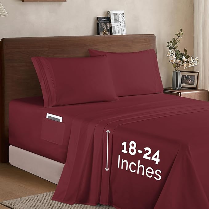 Elegant Comfort Luxury 1500 Premium Hotel Quality Microfiber 4-Piece Sheet Set - Soft, All Around Elastic 18-24 Inches Deep Fitted Sheet - Extra Deep Pocket Sheets, Full, Burgundy