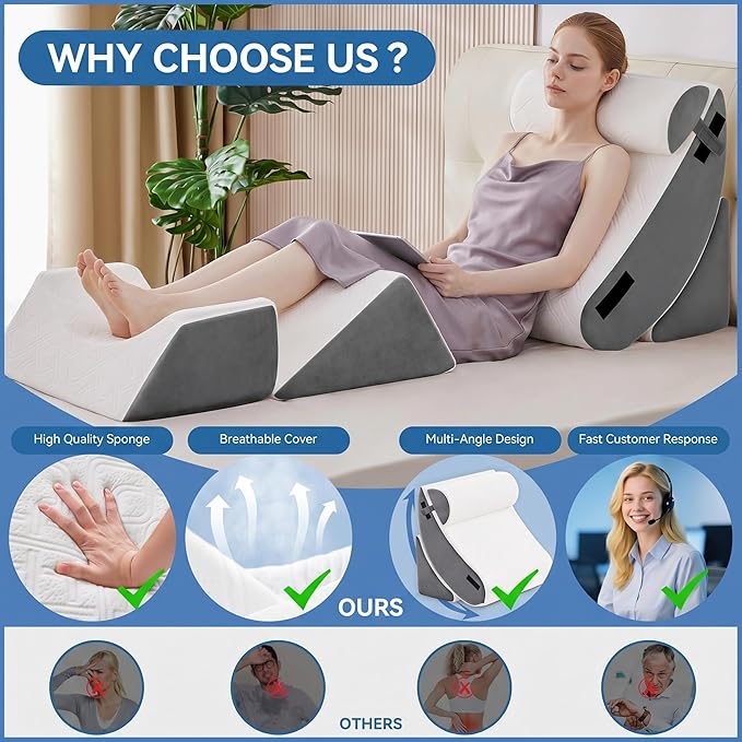 5PCS Wedge Pillow Set for After Surgery,Large Size Bed Orthopedic Pillow for Sleeping, Memory Foam Back Pillow for Pain Relief and Acid Reflux, Adjustable Sitting Up for Bed Post Surgery Pillow Grey