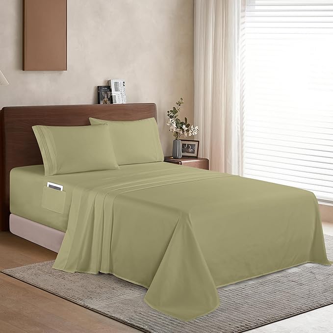 Elegant Comfort Luxury 1500 Premium Hotel Quality Microfiber 4-Piece Sheet Set - Soft, All Around Elastic 18-24 Inches Deep Fitted Sheet - Extra Deep Pocket Sheets, Twin/Twin XL, Sage/Green