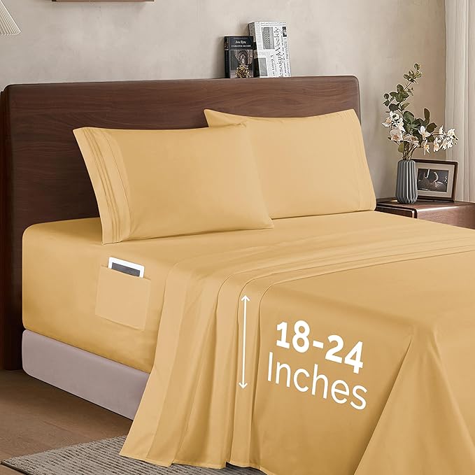 Elegant Comfort Luxury 1500 Premium Hotel Quality Microfiber 4-Piece Sheet Set - Soft, All Around Elastic 18-24 Inches Deep Fitted Sheet - Extra Deep Pocket Sheets, Twin/Twin XL, Camel-Gold