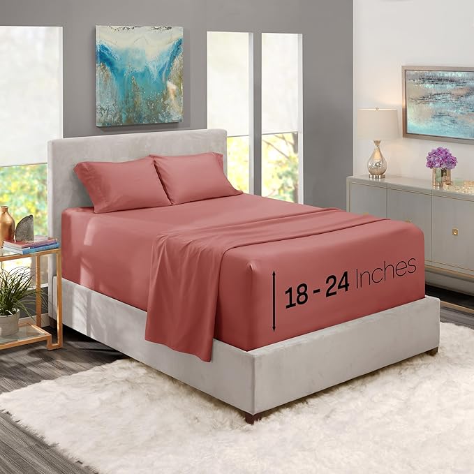 Nestl King Size Sheet Set, 4 Piece Extra Deep Pocket (18-24 inches), Microfiber, Hotel Luxury, Soft, Breathable, Wrinkle-Free, Easy to Care, Pink Clay