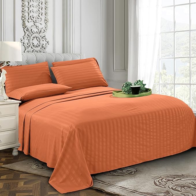 Elegant Comfort Softest and Coziest 6-Piece Sheet Set - 1500 Premium Hotel Quality Microfiber - Deep Pocket, Wrinkle Resistant 6-Piece Damask Stripe Bed Sheet Set, King, Coral