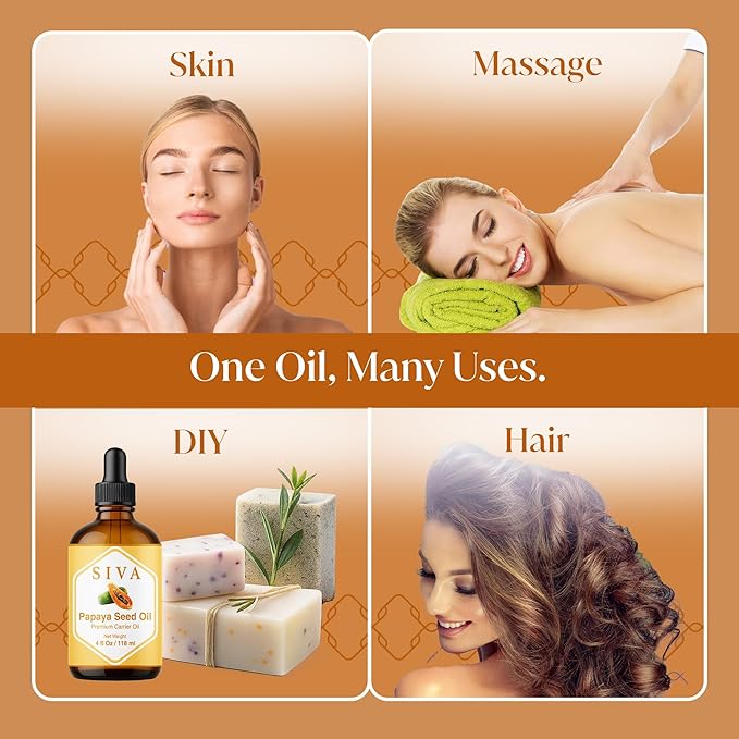 Siva Papaya Seed Oil 4oz (118ml) Premium Cold-Pressed 100% Natural Carrier Oil with Dropper for Face, Skin Care, Body Massage, Hair Care, Hair Oiling & Scalp Massage