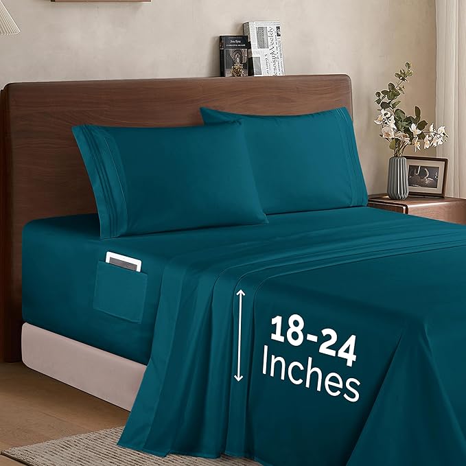Elegant Comfort Luxury 1500 Premium Hotel Quality Microfiber 4-Piece Sheet Set - Soft, All Around Elastic 18-24 Inches Deep Fitted Sheet - Extra Deep Pocket Sheets, Queen, Marine Teal