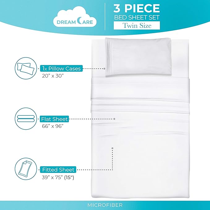 DREAMCARE Twin Sheets - 3 pcs Breathable Cooling Bed Sheets - up to 15" Deep Pocket Twin Bed Sheets with Side Pockets - Extra Soft 100% Brushed Hypoallergenic Hotel Luxury Bedding - White